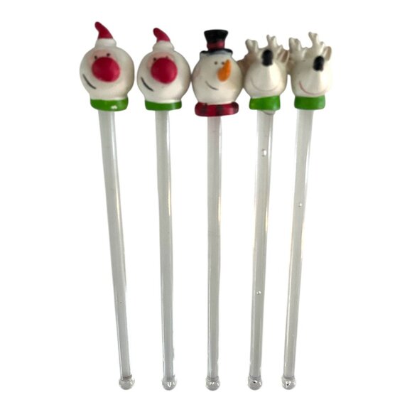 Vintage Christmas Drink Stirrers Set of 5 Snowman Santa Reindeer Holiday Barware - Picture 2 of 3